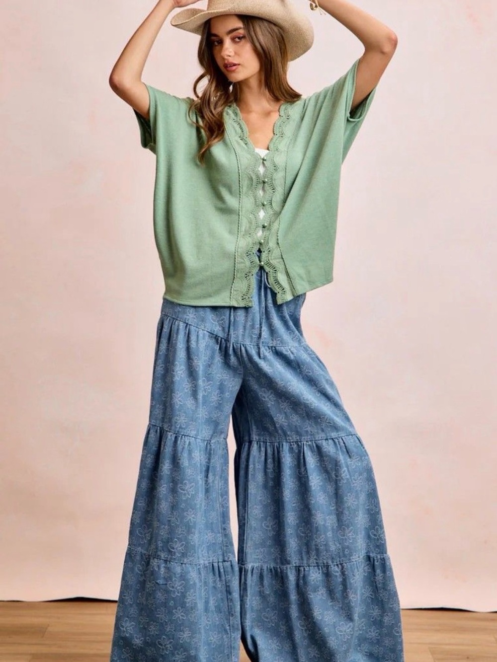 BiBi Wide-Leg Tiered Palazzo Pants in Faded Denim Blue